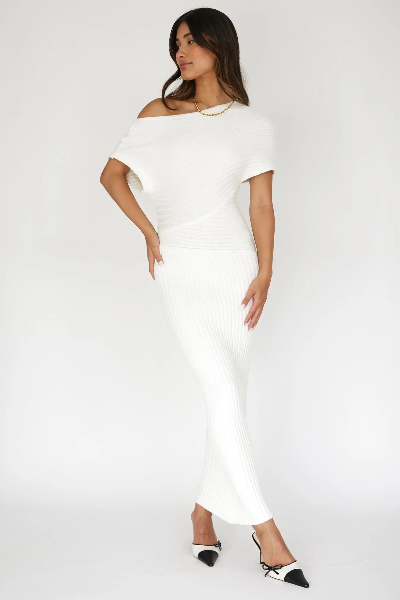 Kaelyn Asymmetric Neck Knit Maxi Dress White