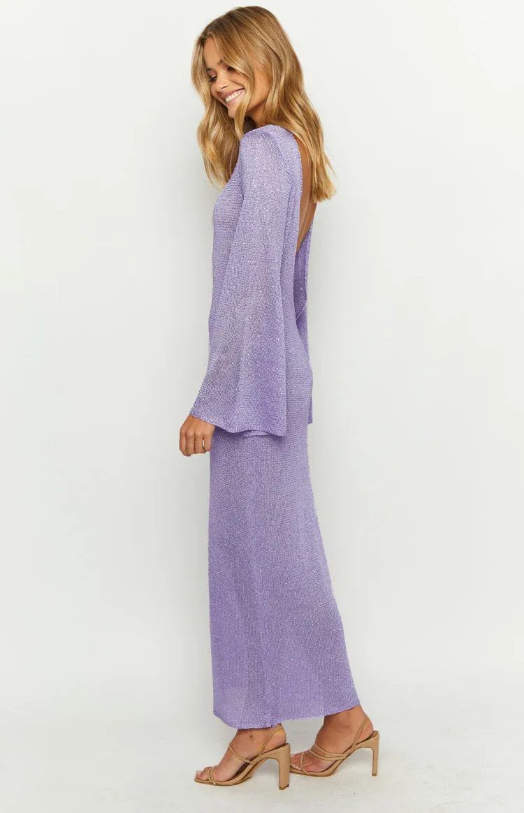 Kendrick Purple Sequin Knit Long Sleeve Maxi Dress