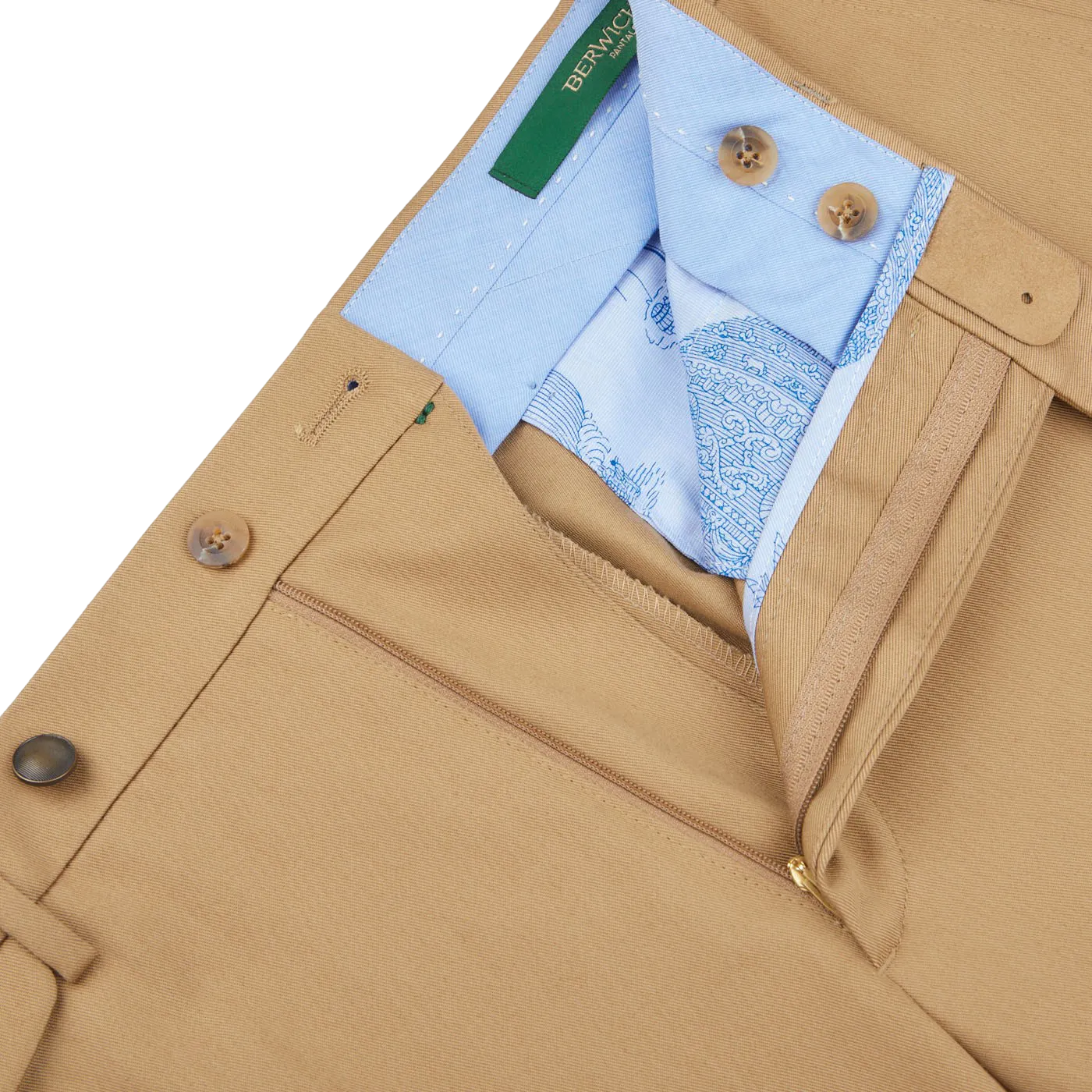 Khaki Beige Cotton Flat Front Trousers