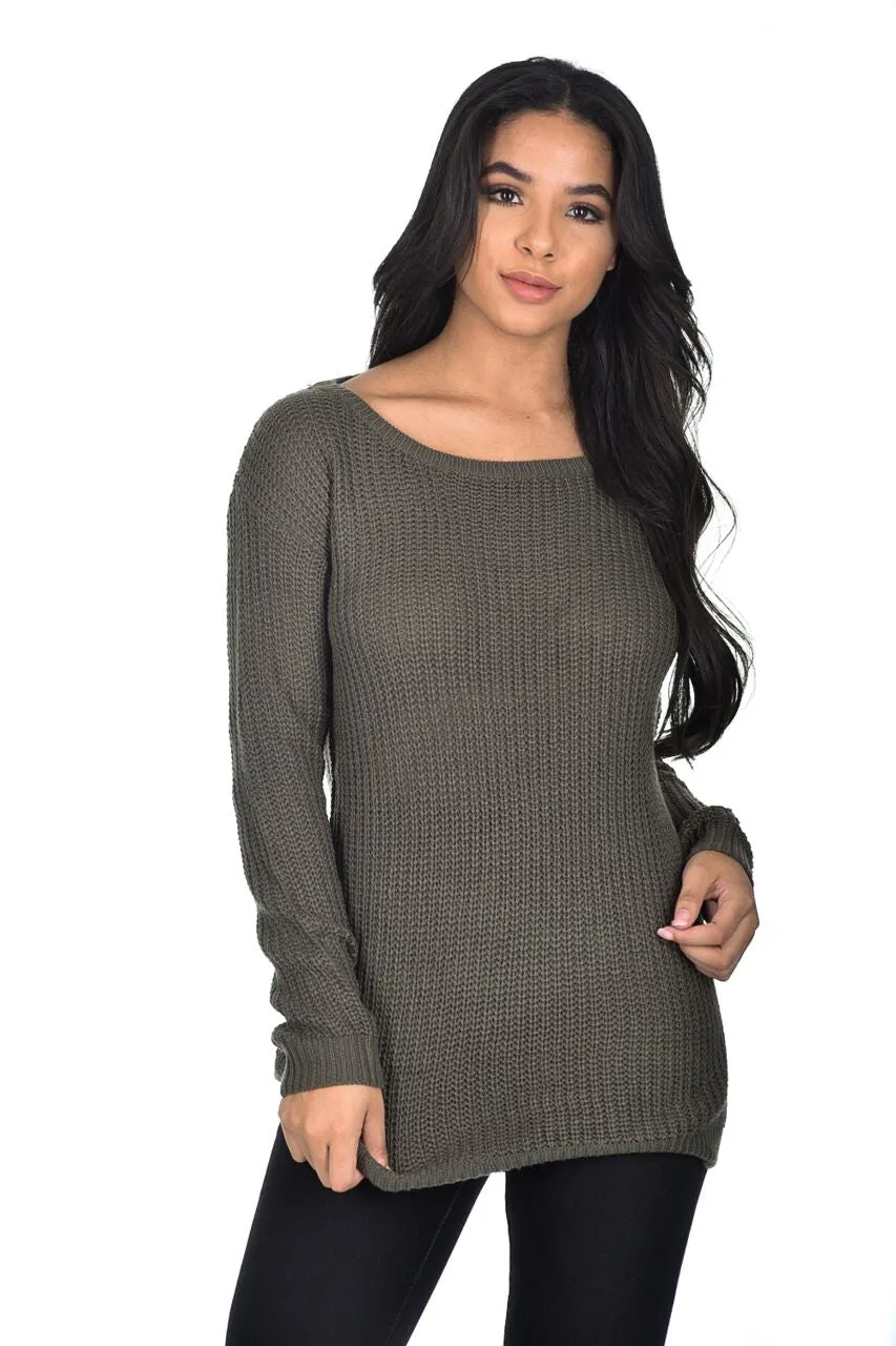 Khaki Cable Knit Ladder Back Jumper