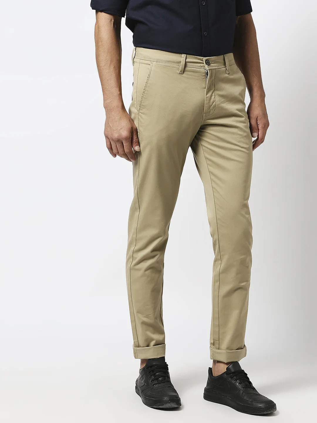 Khaki Slim Tapered Cotton Dobby Lycra Trouser