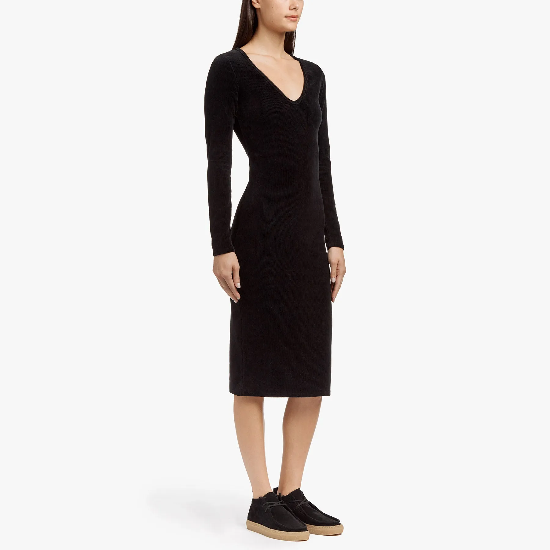 Knit Corduroy Long Sleeve Dress - Black