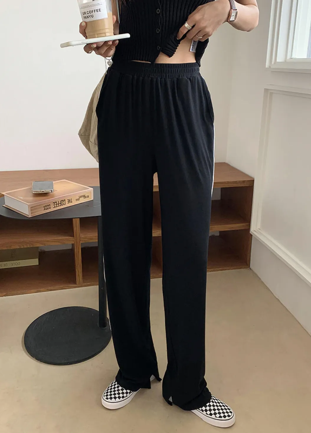 [Korean Style] 2 Colors High Waist Cinched Waist Side Slit Hem Casual Pants