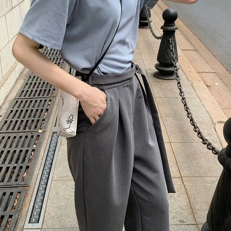 [Korean Style] 3 Colors Buckle Waist Wide Leg Full Length Pleated Trouser