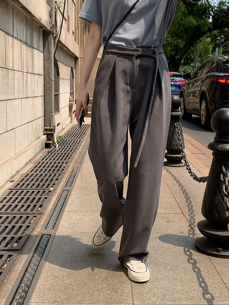 [Korean Style] 3 Colors Buckle Waist Wide Leg Full Length Pleated Trouser