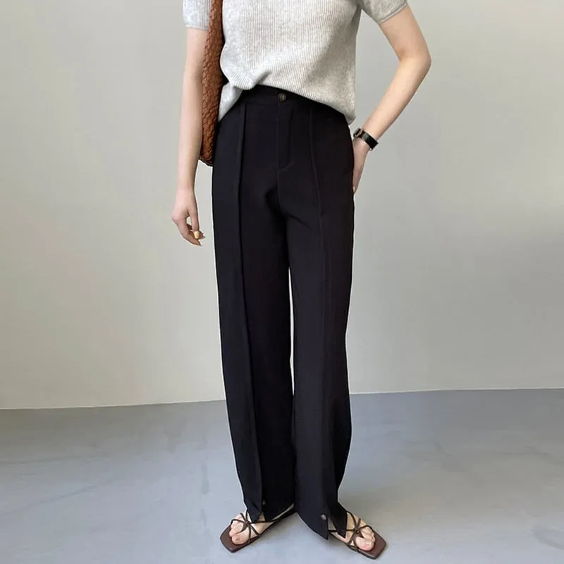 [Korean Style] High Waist Straight Leg Slit Trousers