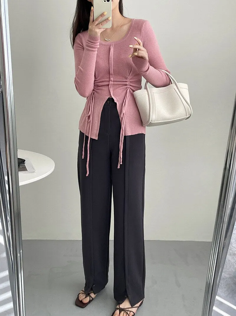 [Korean Style] High Waist Straight Leg Slit Trousers