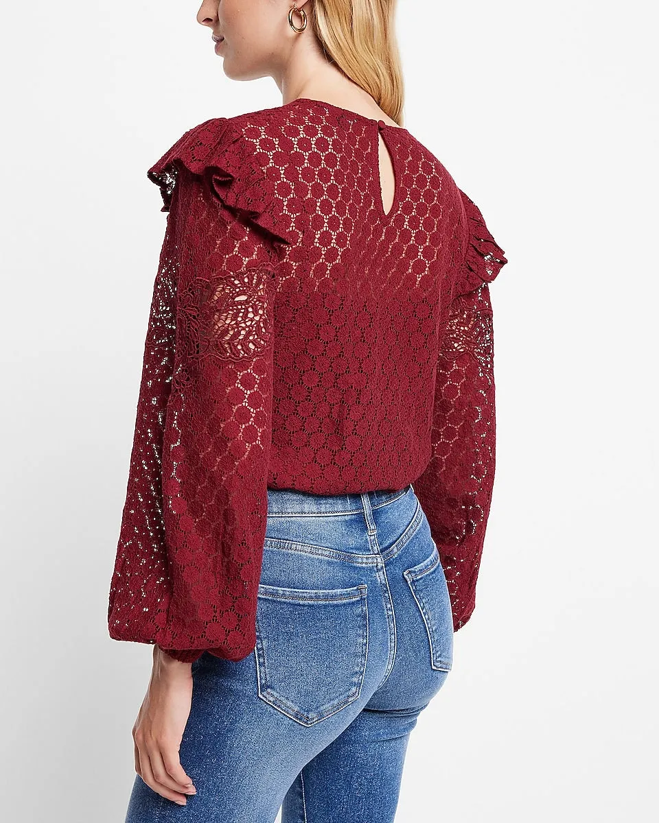 Lace Long Sleeve Ruffle Shoulder Top in Dark Red