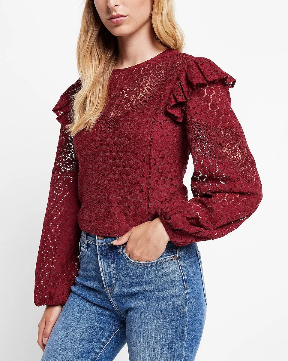 Lace Long Sleeve Ruffle Shoulder Top in Dark Red