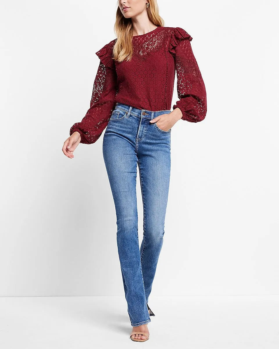 Lace Long Sleeve Ruffle Shoulder Top in Dark Red