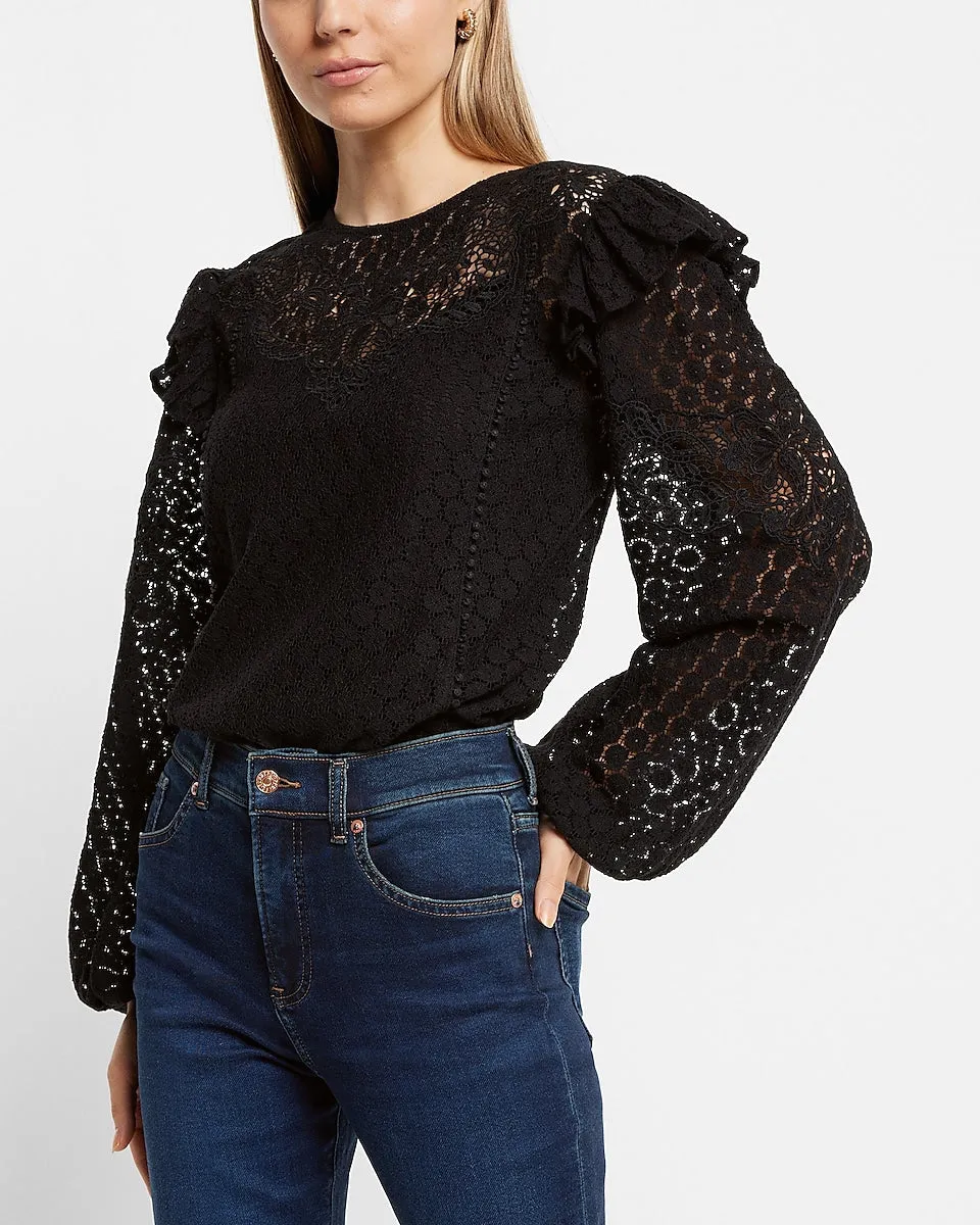 Lace Long Sleeve Ruffle Shoulder Top in Pitch Black