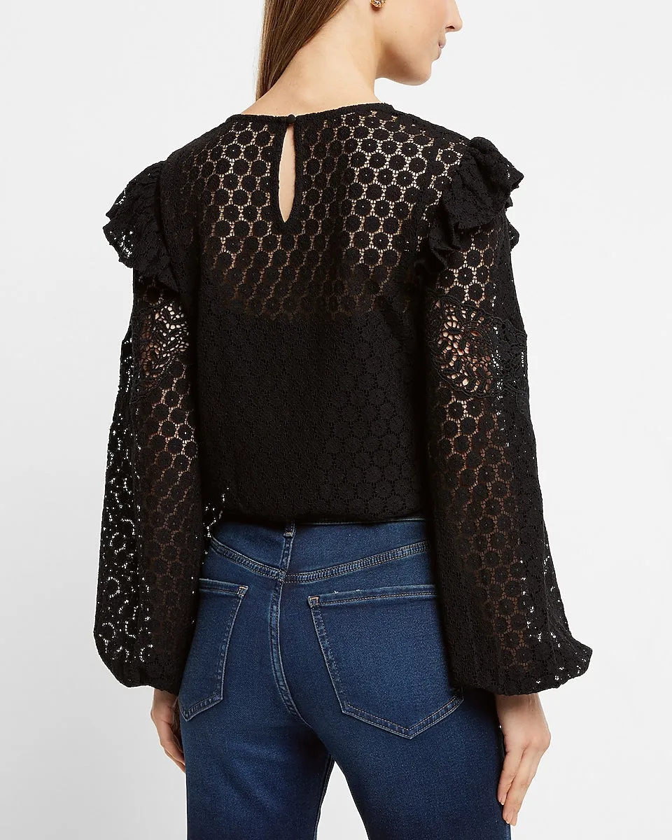 Lace Long Sleeve Ruffle Shoulder Top in Pitch Black