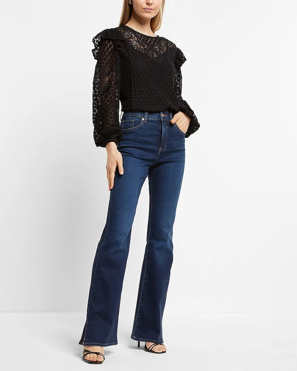 Lace Long Sleeve Ruffle Shoulder Top in Pitch Black