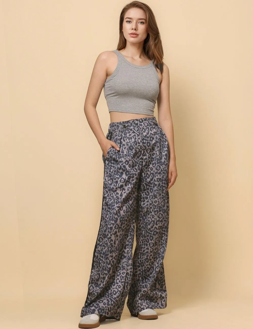 Ladies Woven High Waist Leopard Wide Leg Pants SKP4729