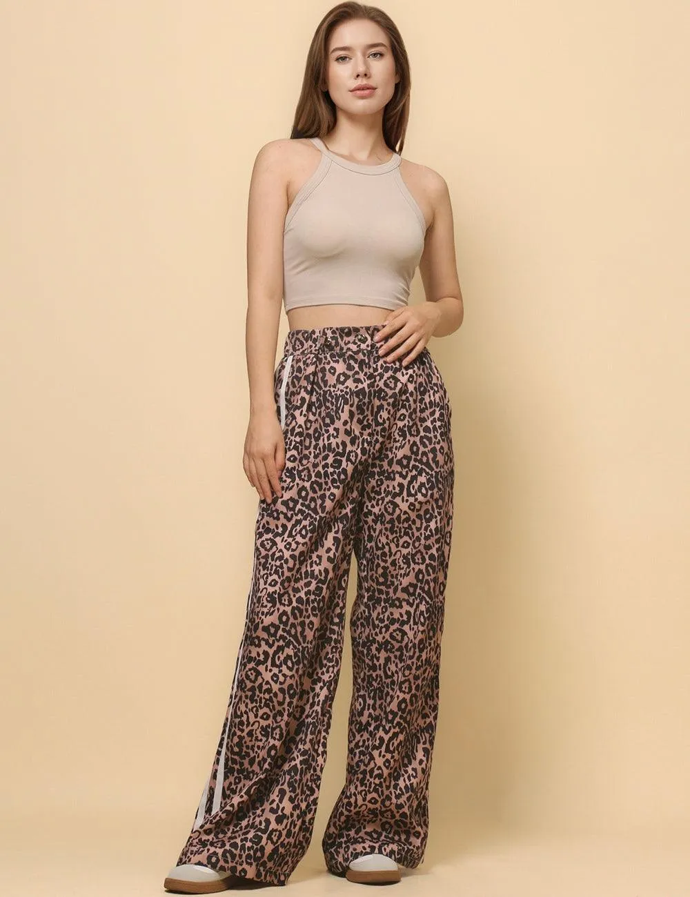 Ladies Woven High Waist Leopard Wide Leg Pants SKP4729