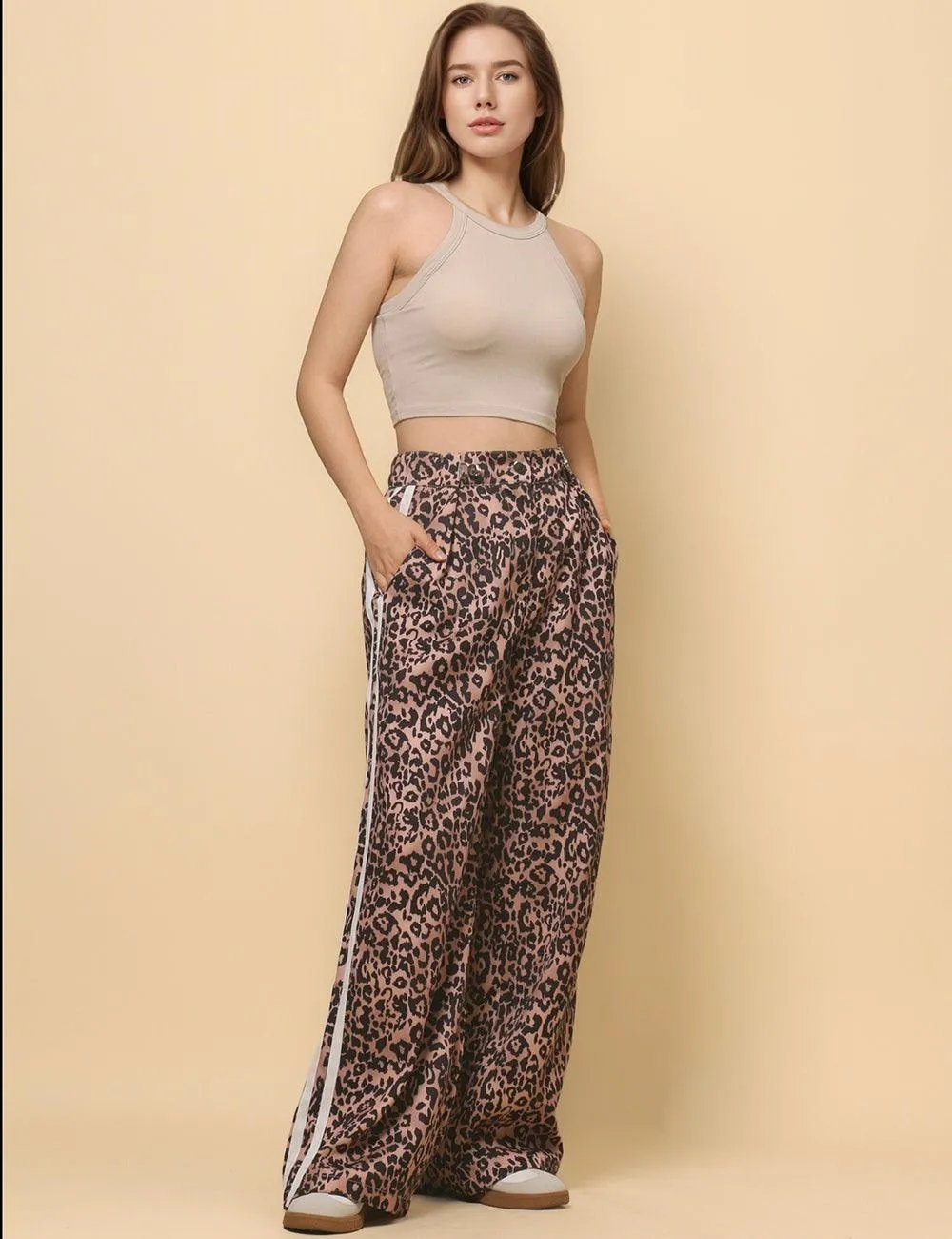 Ladies Woven High Waist Leopard Wide Leg Pants SKP4729