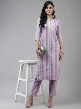 Lavender Cotton Lurex Ethnic Motif Print & Embroidered Detailing Kurta Trouser Set