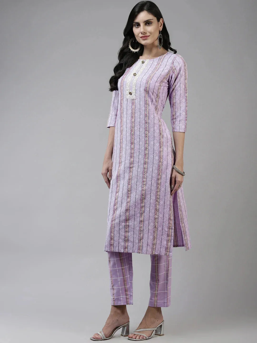 Lavender Cotton Lurex Ethnic Motif Print & Embroidered Detailing Kurta Trouser Set