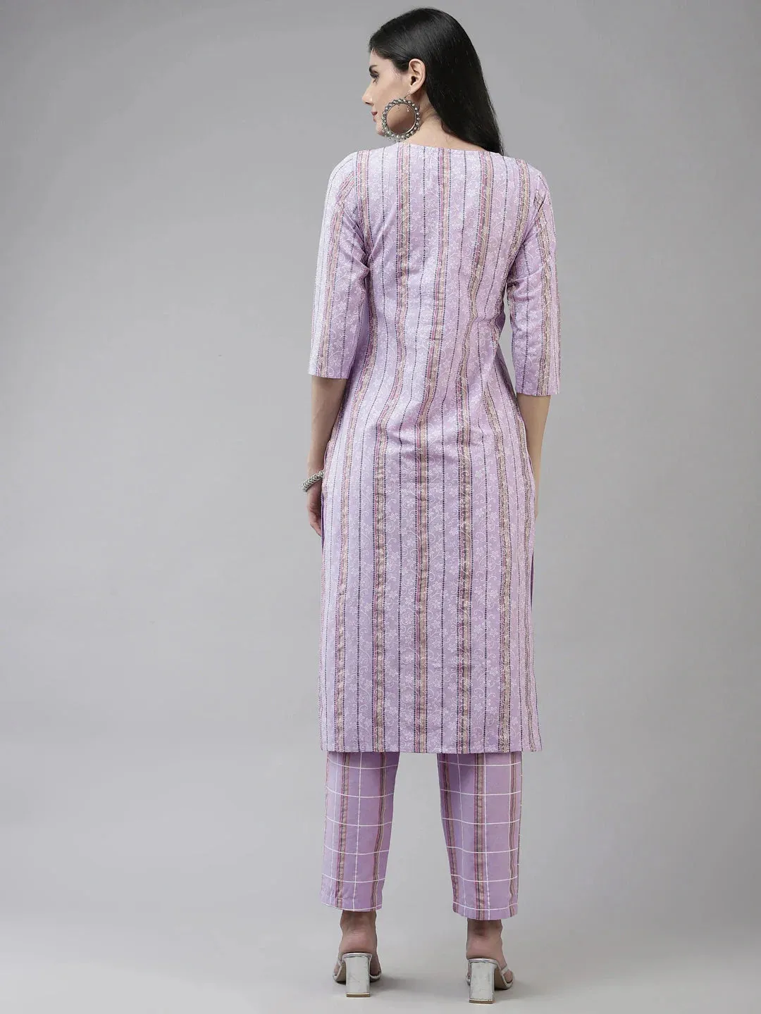 Lavender Cotton Lurex Ethnic Motif Print & Embroidered Detailing Kurta Trouser Set