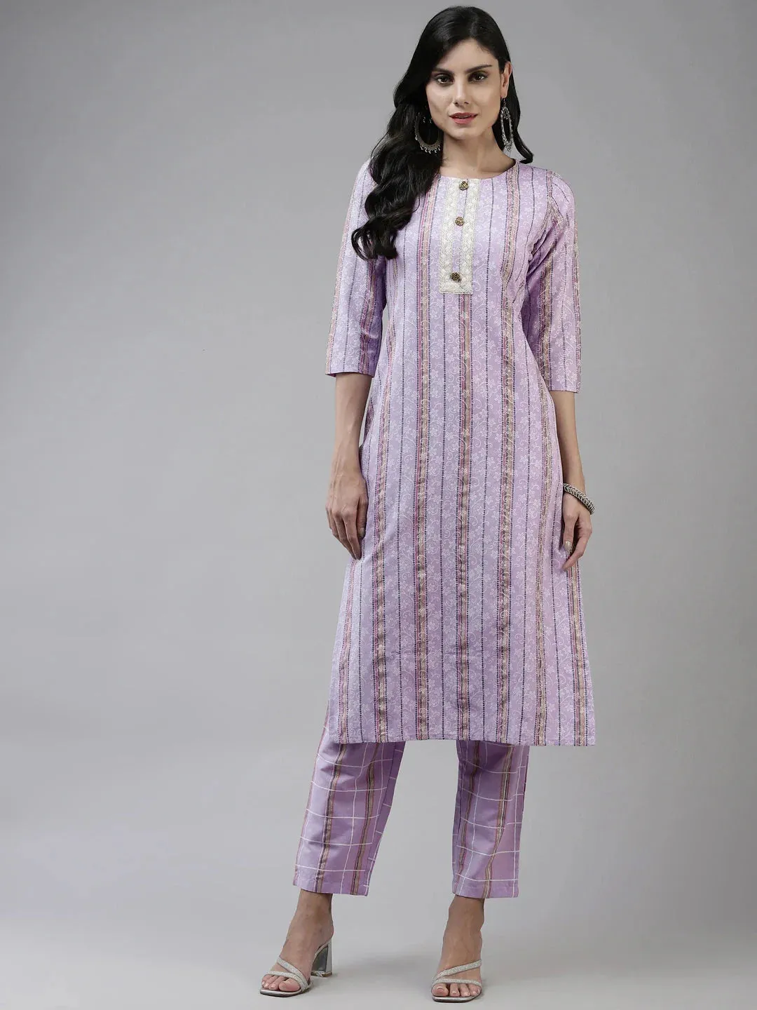 Lavender Cotton Lurex Ethnic Motif Print & Embroidered Detailing Kurta Trouser Set