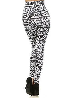 Leggings Tribal Aztec High Waist New Long Pants Gray Black Stretch Knit