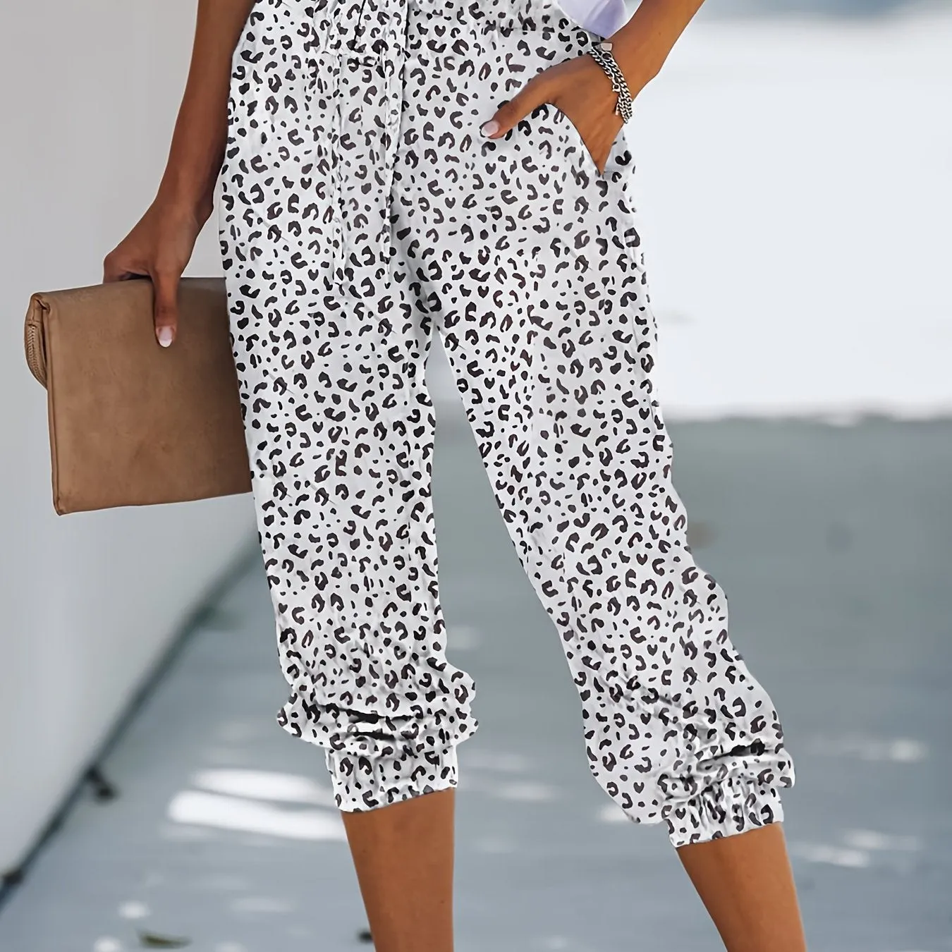 Leopard Print Drawstring High Waist Stretchy Casual Every Day Pants