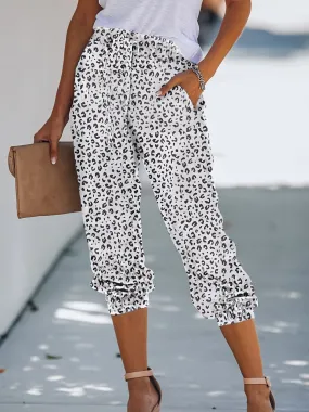 Leopard Print Drawstring High Waist Stretchy Casual Every Day Pants