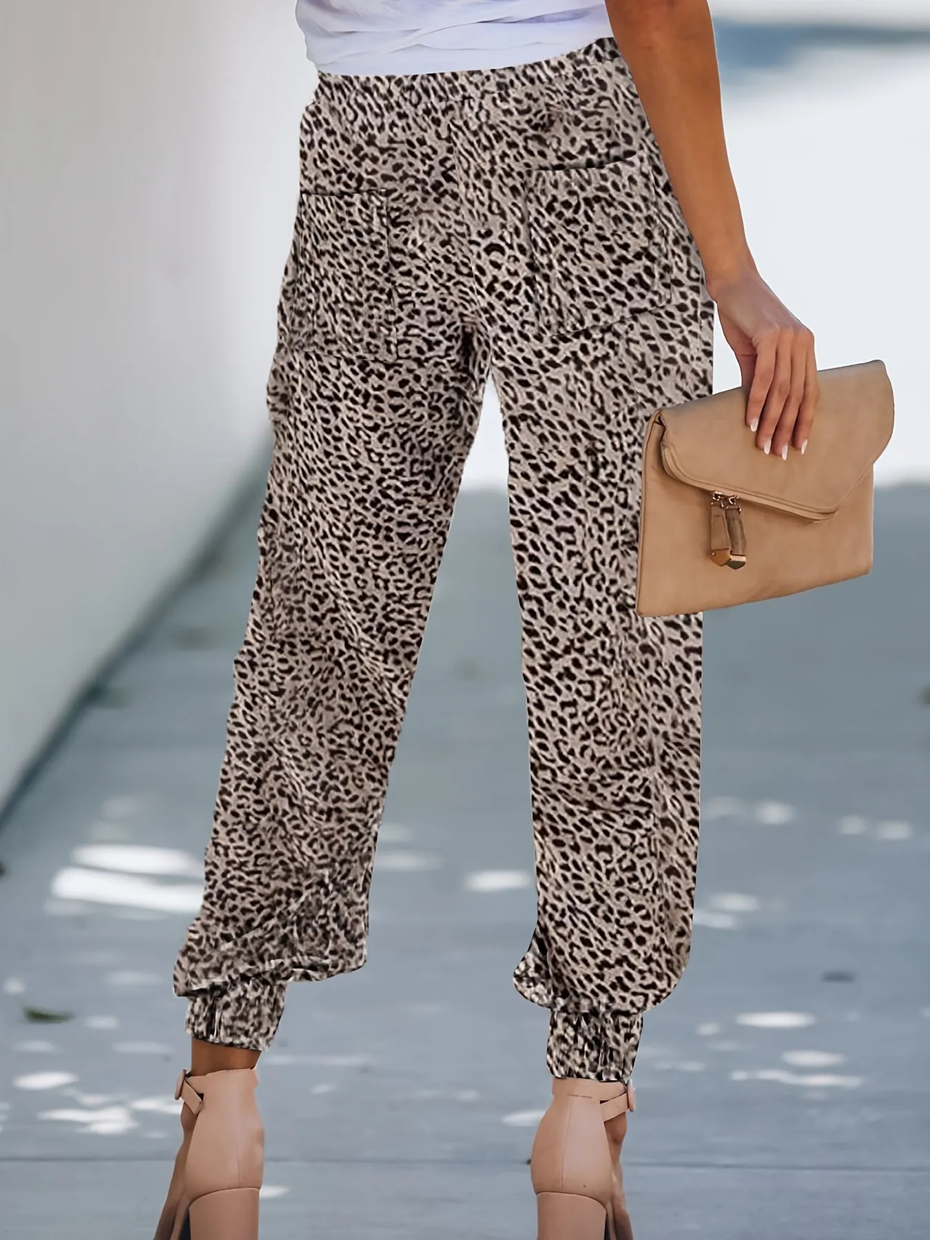 Leopard Print Drawstring High Waist Stretchy Casual Every Day Pants