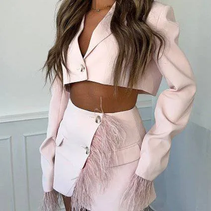 Lexi Long Sleeve Cropped Feather Blazer & Feather Skirt Set