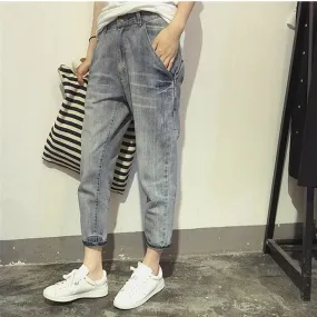 Loose Elastic Bleach Scratch Denim Pants