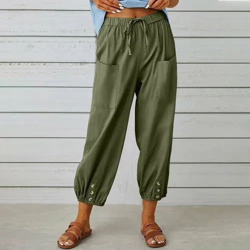 Loose High Waist Buttons Cotton Hemp Pants