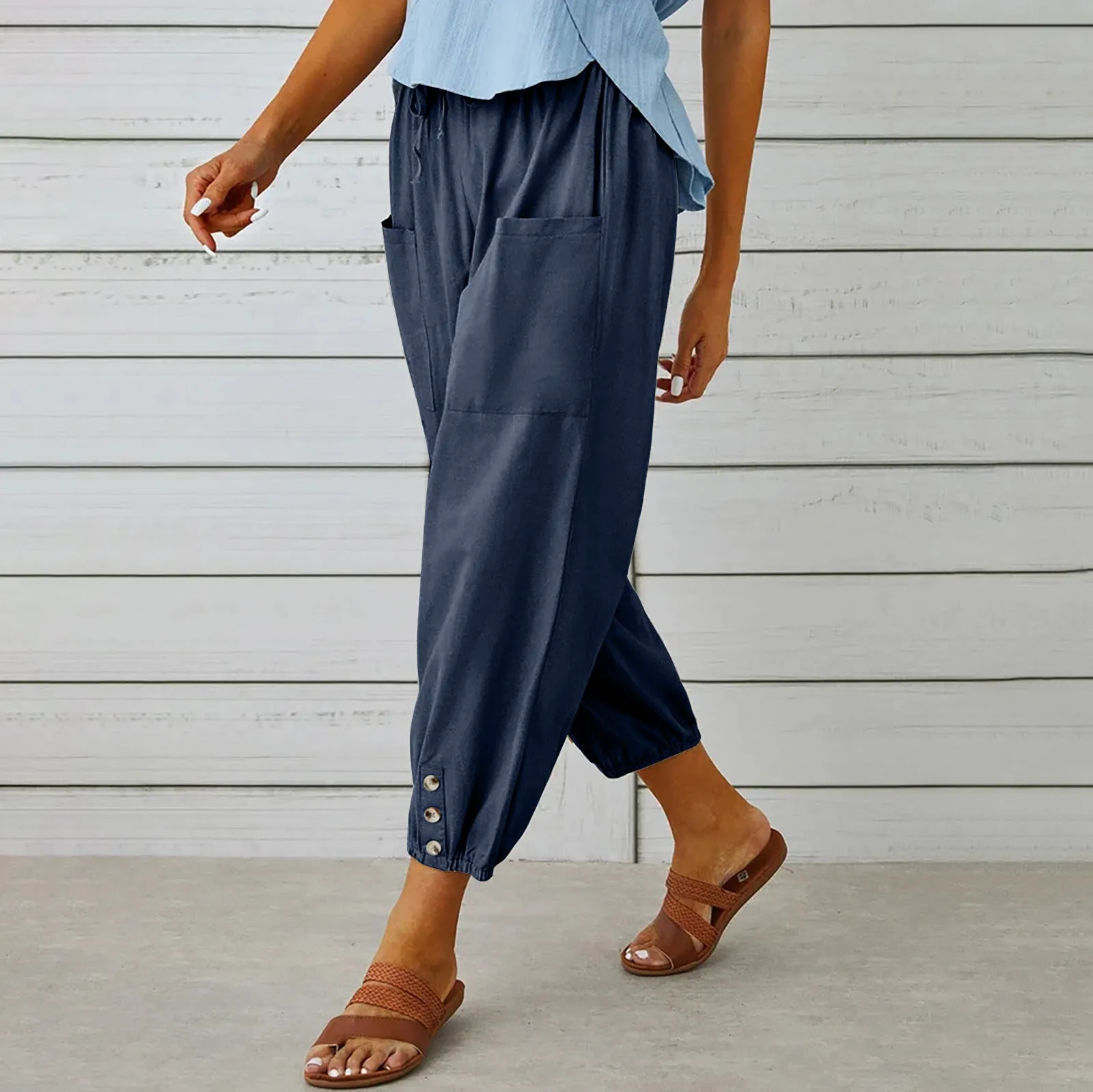 Loose High Waist Buttons Cotton Hemp Pants