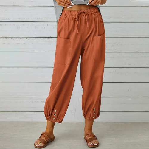 Loose High Waist Buttons Cotton Hemp Pants