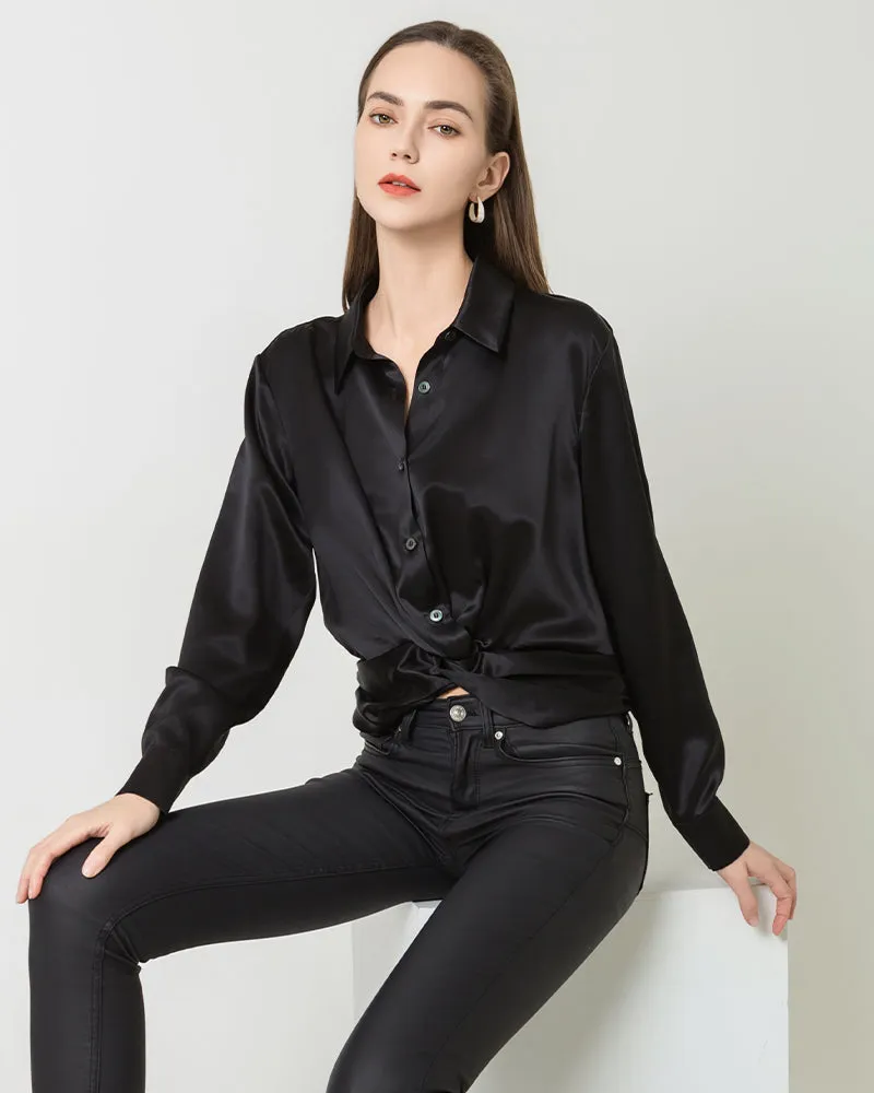 Luxury Irregular Hem Pleated Silk Blouse