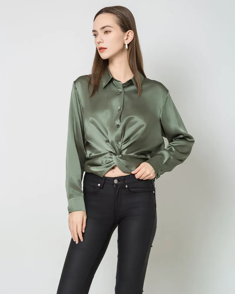 Luxury Irregular Hem Pleated Silk Blouse