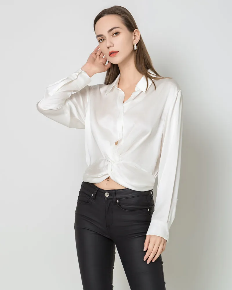 Luxury Irregular Hem Pleated Silk Blouse