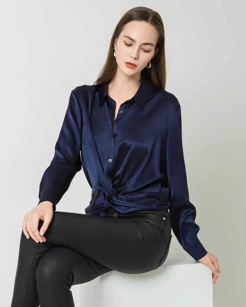 Luxury Irregular Hem Pleated Silk Blouse