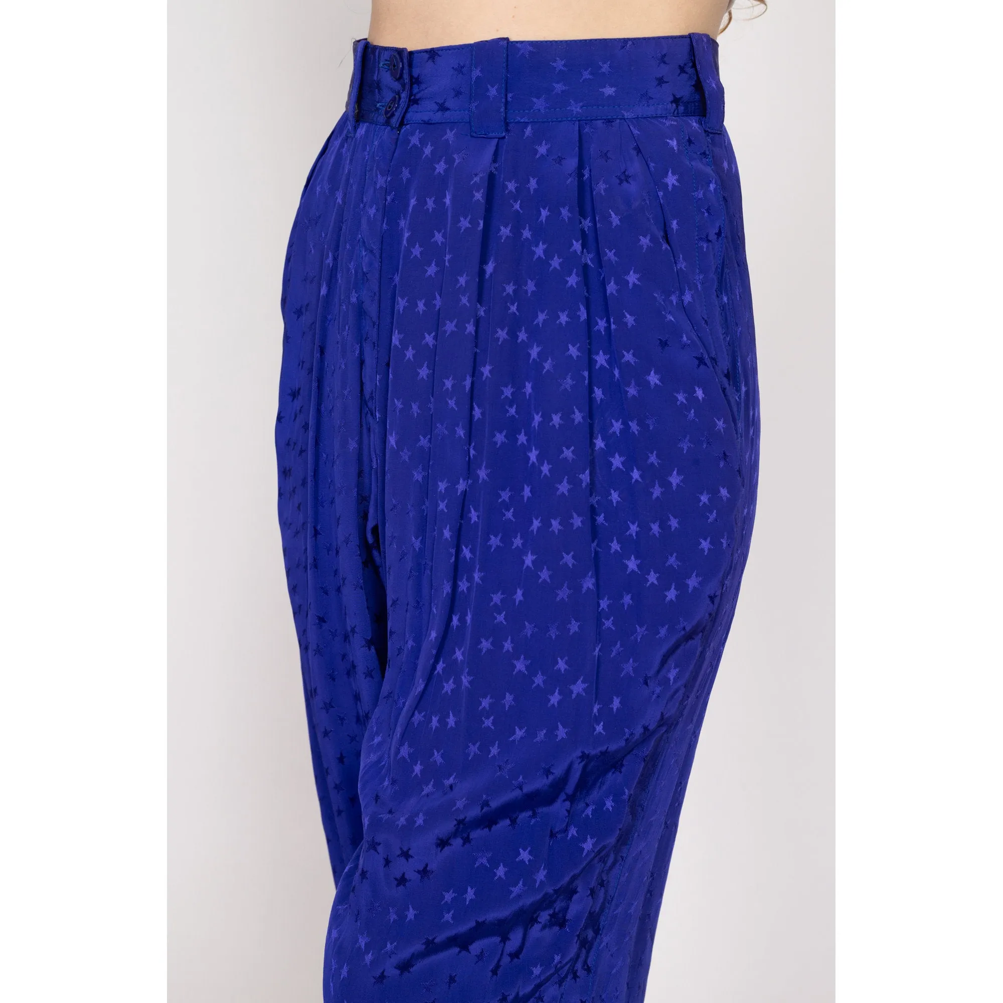 Medium 80s Royal Blue Star Print Satin Trousers 28"