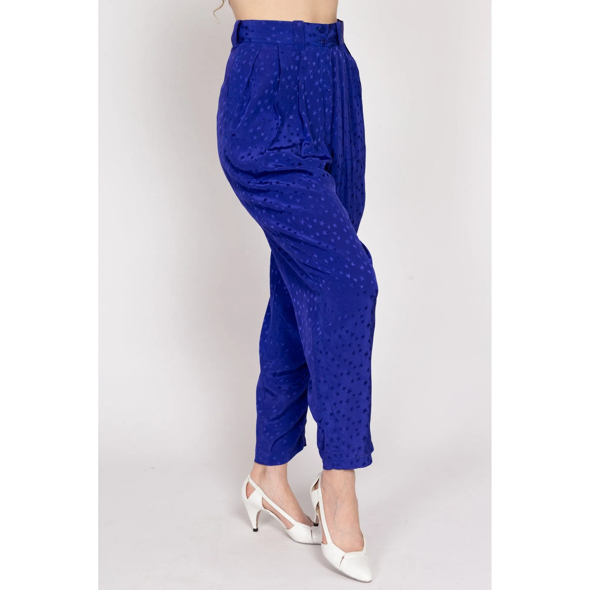 Medium 80s Royal Blue Star Print Satin Trousers 28"