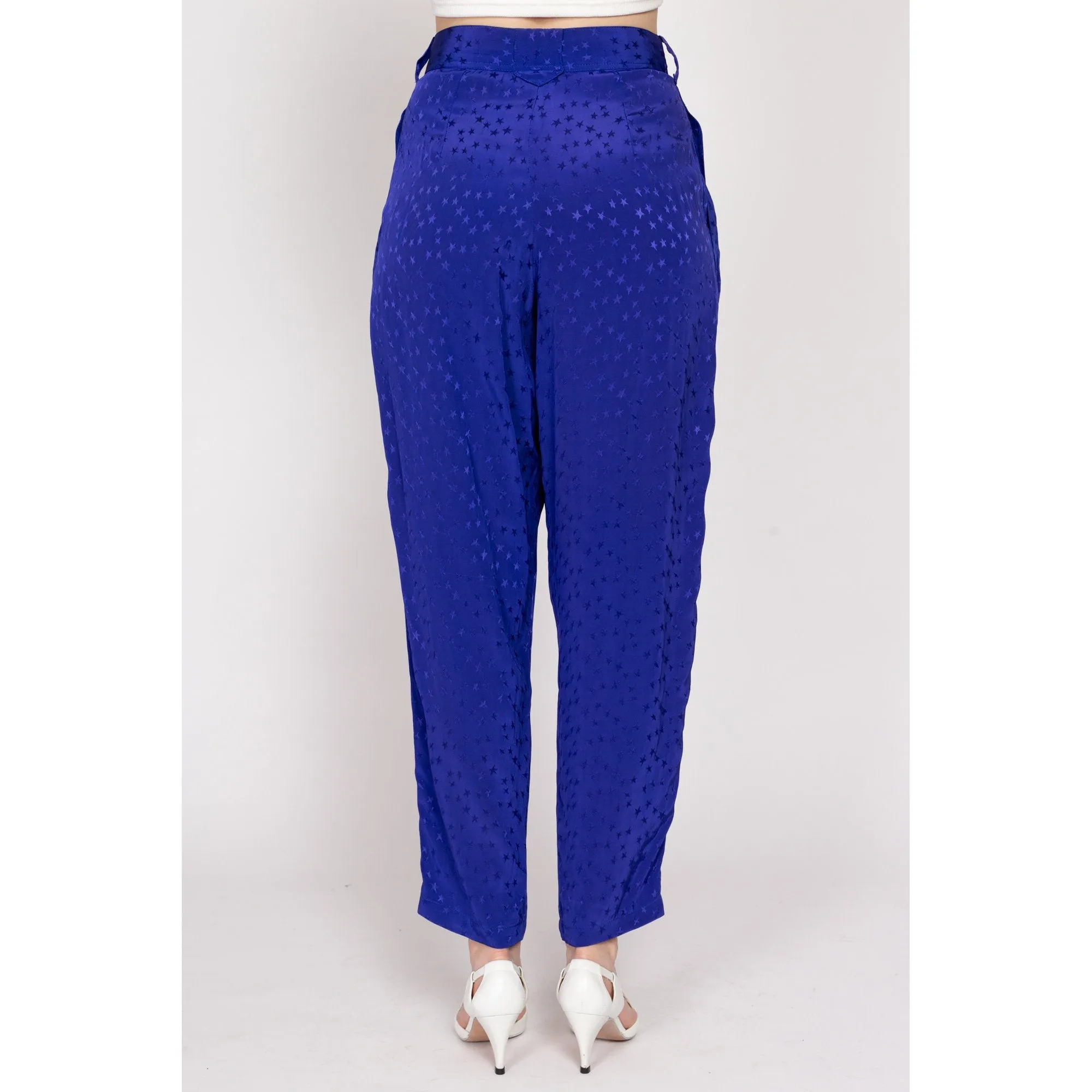 Medium 80s Royal Blue Star Print Satin Trousers 28"