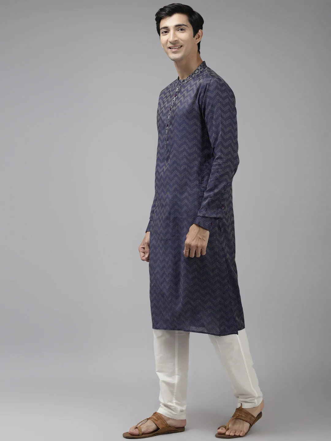 Men Blue & Beige Woven Design Thread Work Kurta With Pyjama