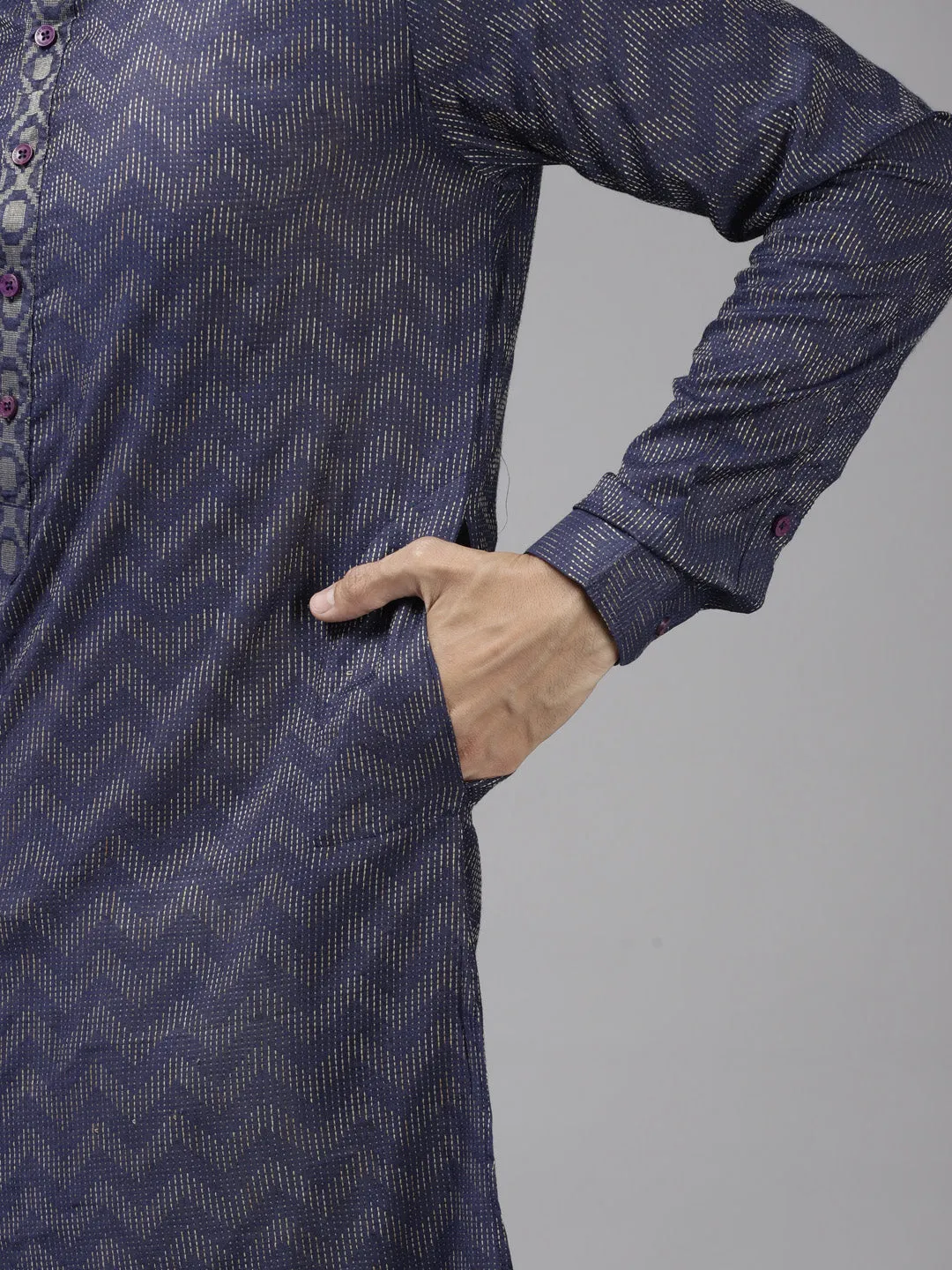 Men Blue & Beige Woven Design Thread Work Kurta With Pyjama