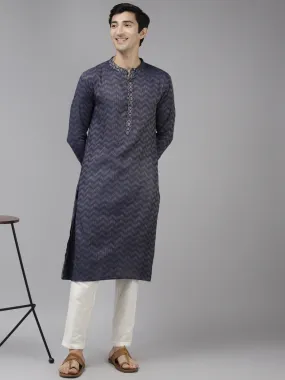 Men Blue & Beige Woven Design Thread Work Kurta With Pyjama