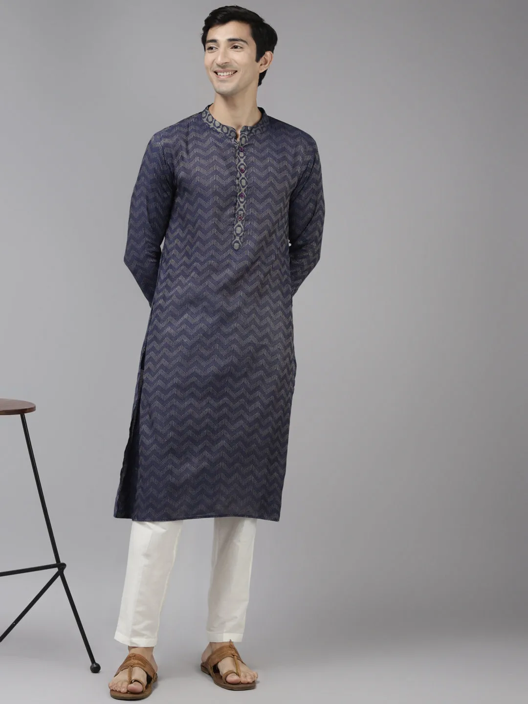 Men Blue & Beige Woven Design Thread Work Kurta With Pyjama