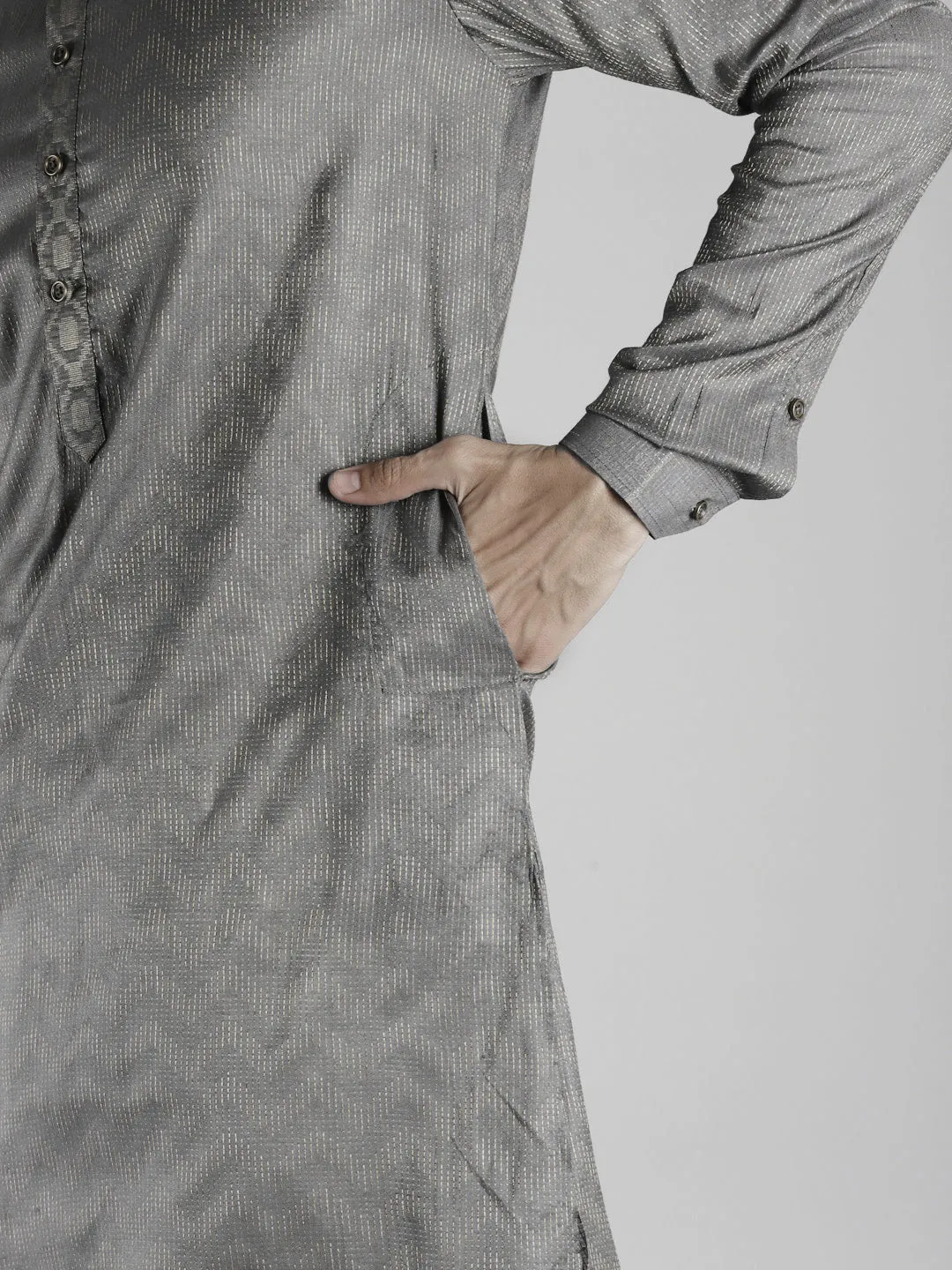 Men Grey & Beige Woven Design Thread Work Kurta With Pyjama