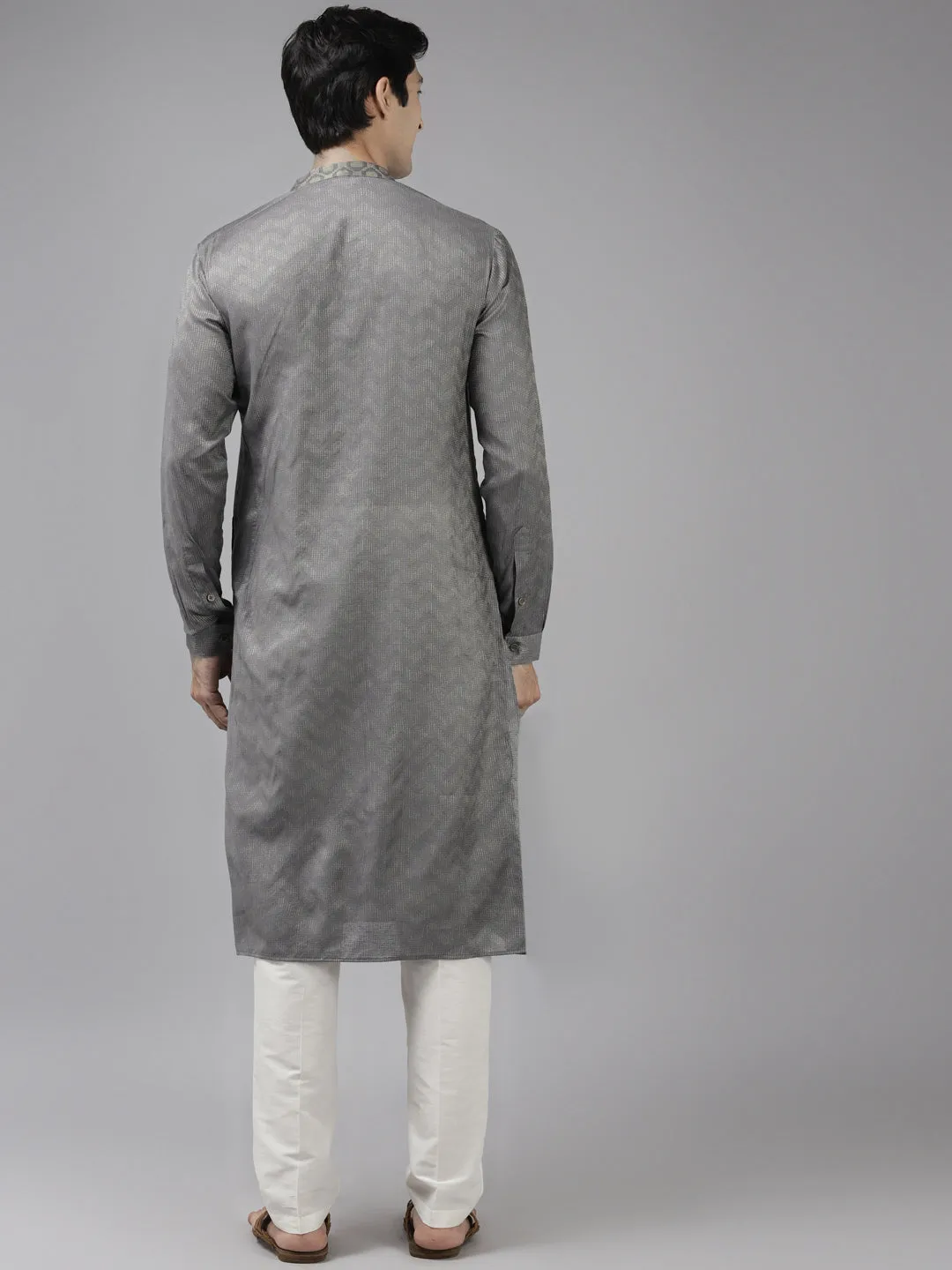 Men Grey & Beige Woven Design Thread Work Kurta With Pyjama