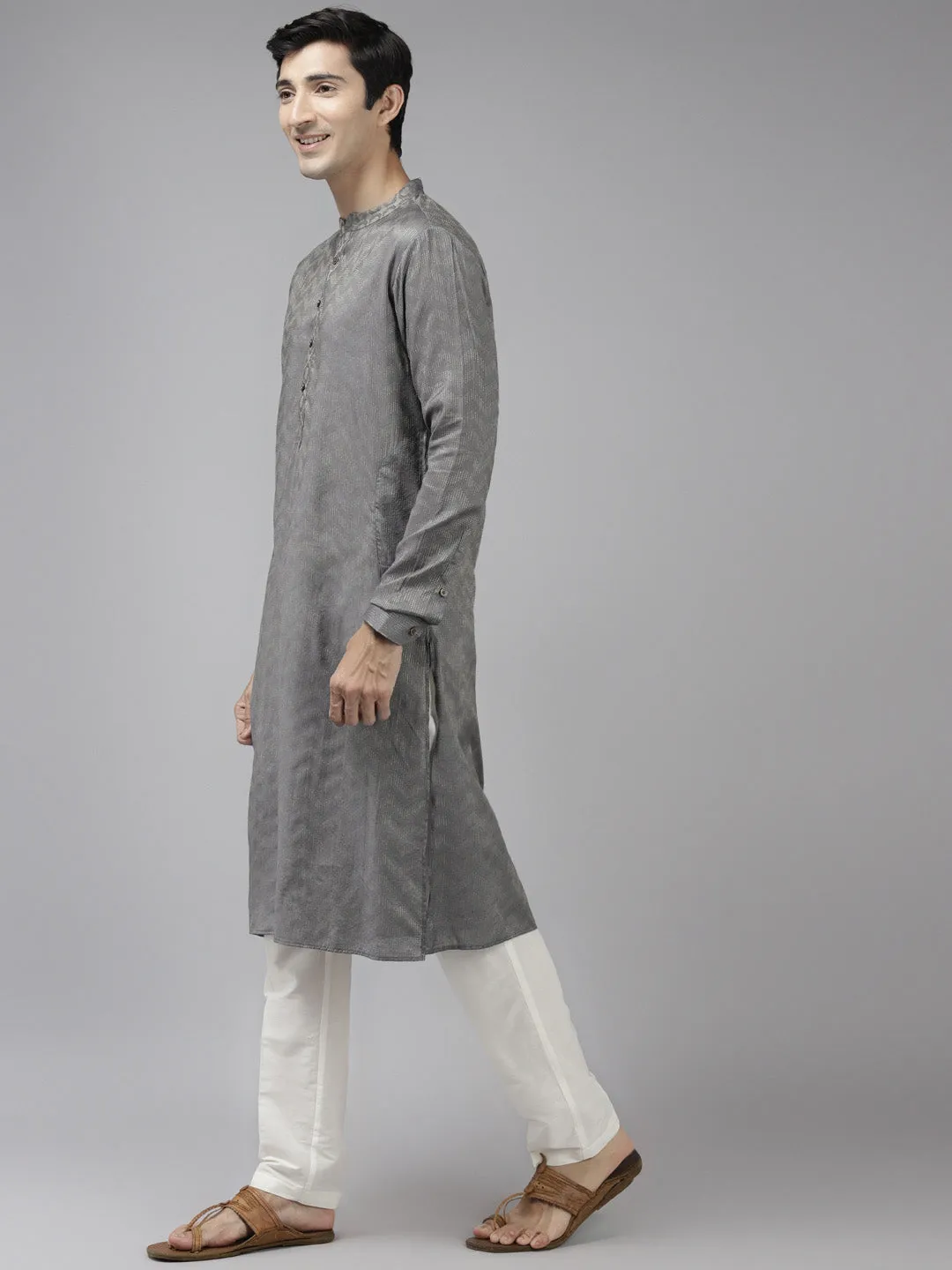 Men Grey & Beige Woven Design Thread Work Kurta With Pyjama