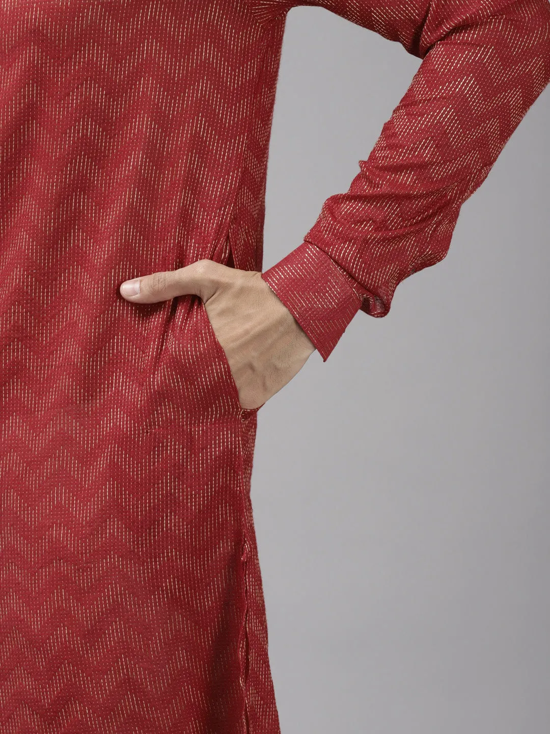 Men Maroon & Beige Woven Design Thread Work Kurta With Pyjama