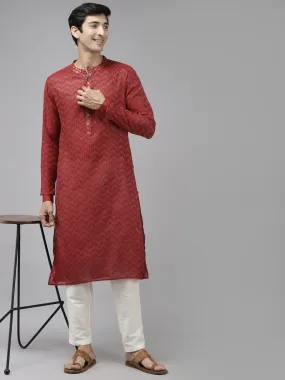 Men Maroon & Beige Woven Design Thread Work Kurta With Pyjama