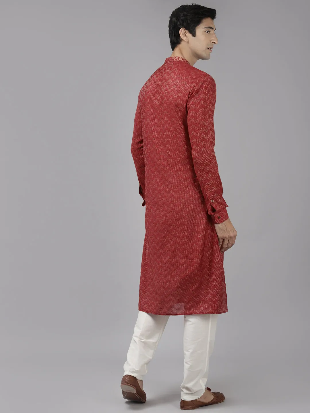 Men Maroon & Beige Woven Design Thread Work Kurta With Pyjama